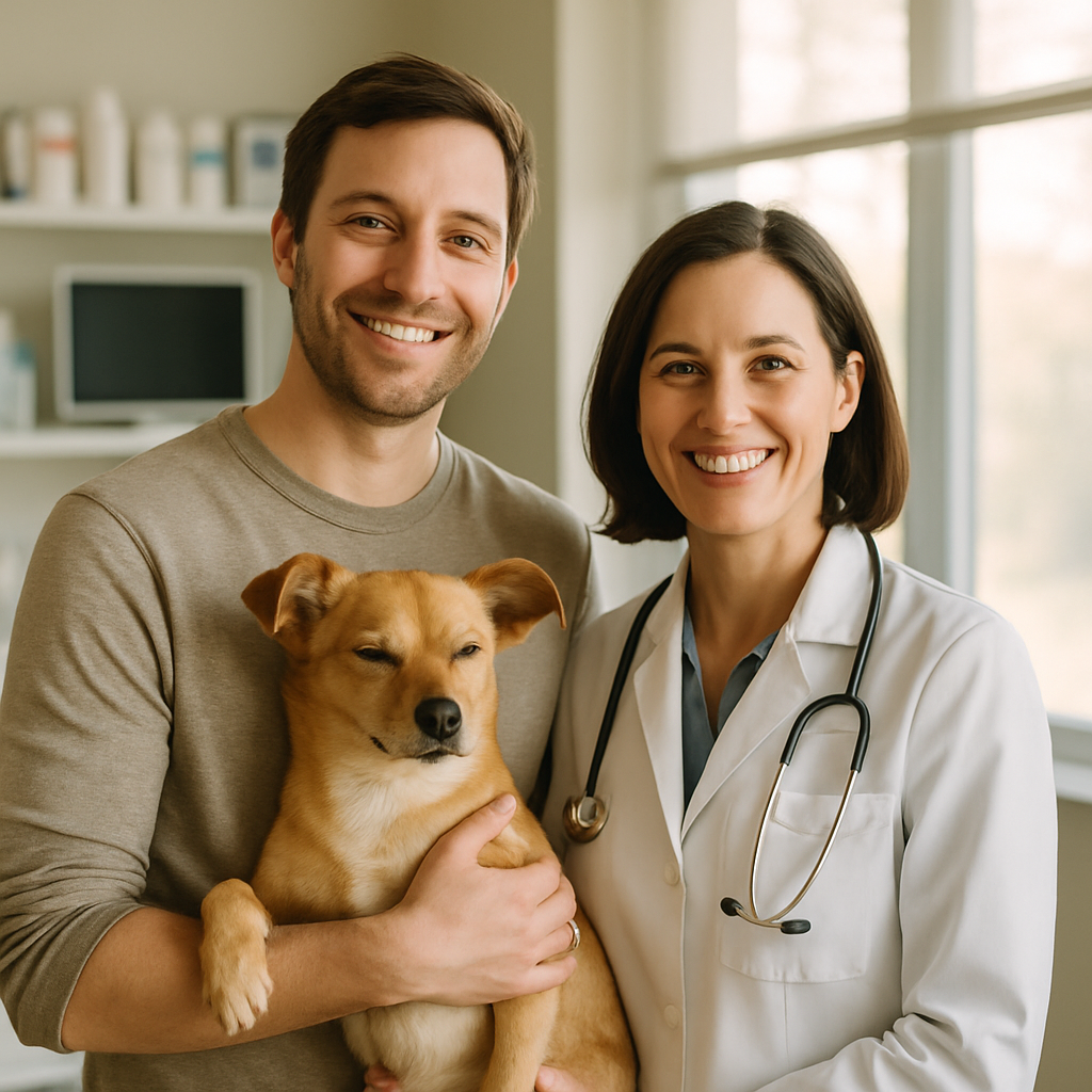 Pet owner and veterinarian smiling
