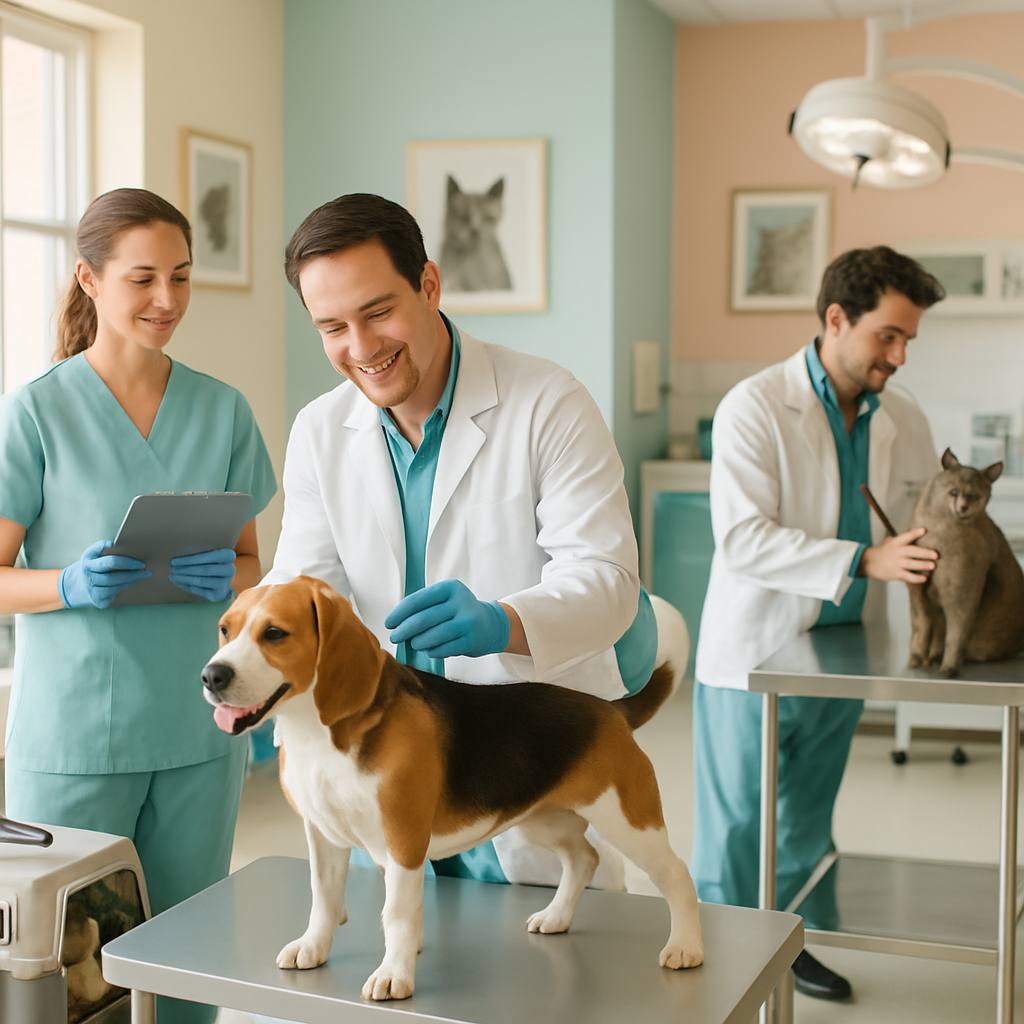 Veterinarian gently examining a small dog